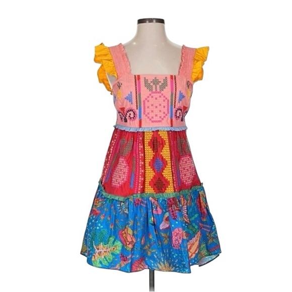 FARM Rio Color Blocked Tropical Embroidered Mini Dress S Like New Pineapples - Picture 4 of 8